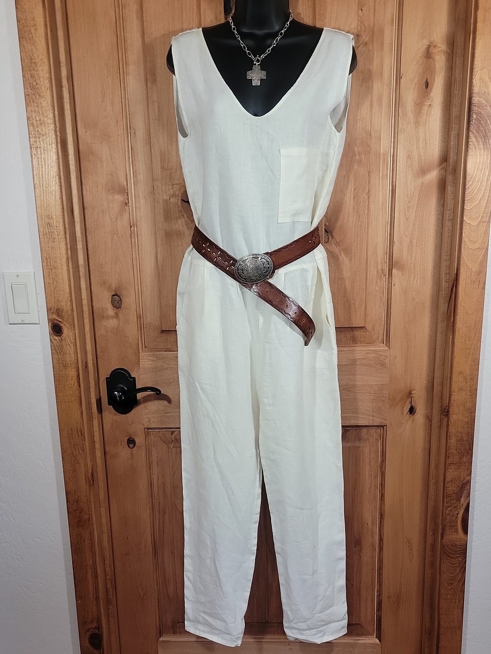 OZMA of California Sleeveless V-Neck Linen Jumpsuit - Picture 2 of 16